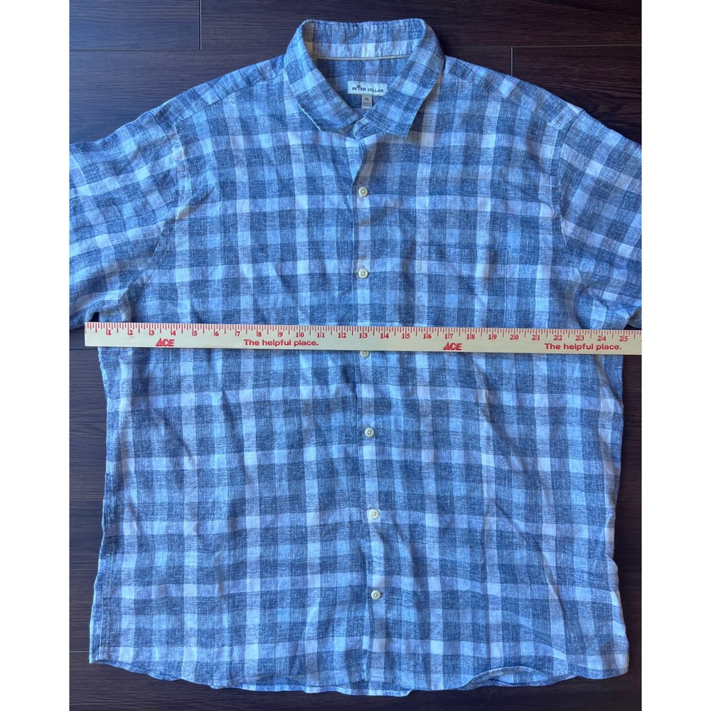 Peter Millar Mens XL Blue White Plaid Linen Sorona Short Sleeve Button Down - Picture 7 of 7